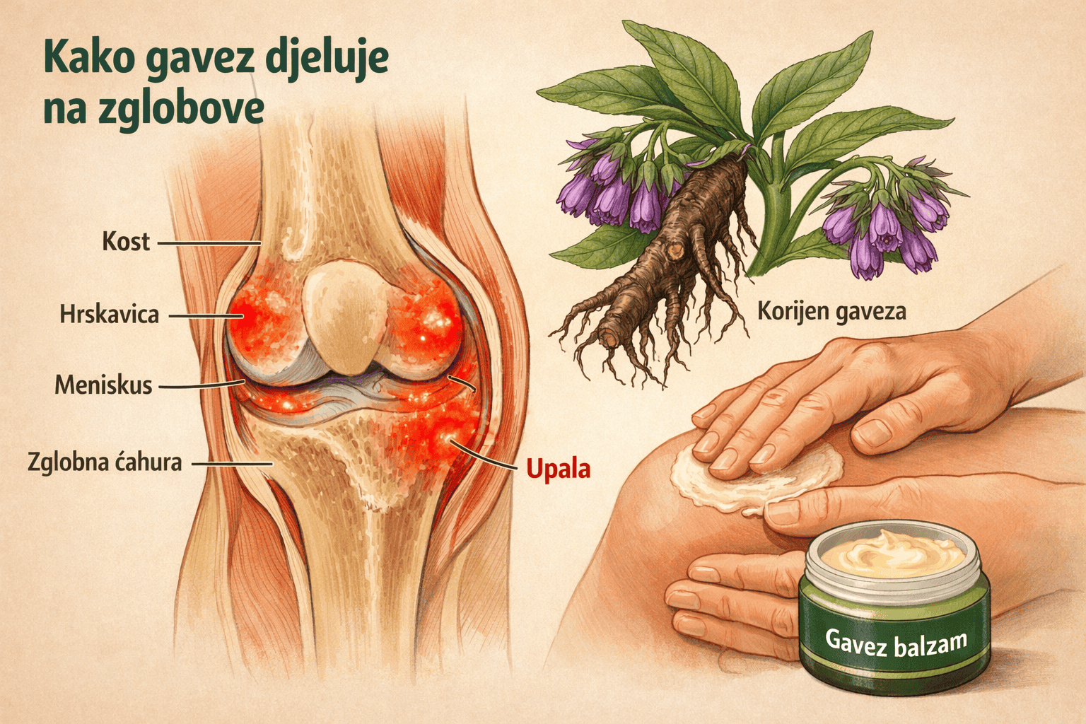 Gavez balzam: Čini čuda za bolne zglobove, mišiće i slomljene kosti 2 CRITICAL: ALL text, labels, headlines, annotations, and overlays in this image MUST be written in CROATIAN. Do NOT use any English text. Eve